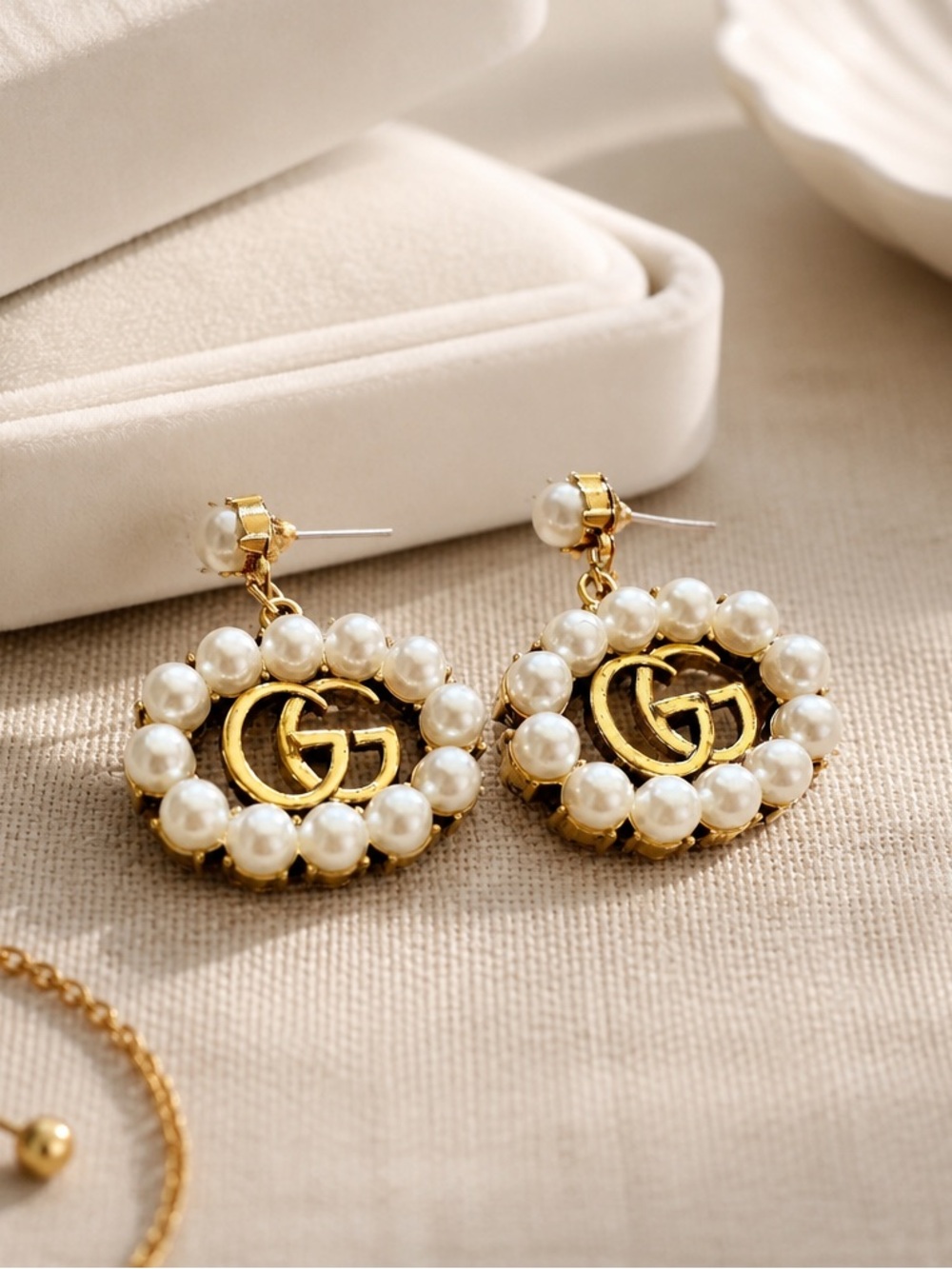 Gucci Gold and White Pearl Double-G Drop Earrings